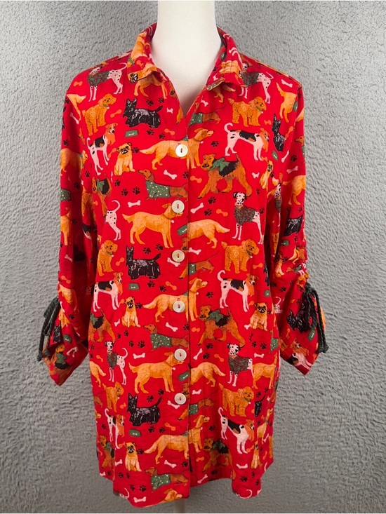 John Mark Tops - John Mark Top Womens Small Red Dogs All Over Print Wire Collar Button Tunic